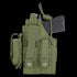 A black handgun partially inserted into a Condor Ambidextrous Holster - Beretta, featuring green tactical fabric, MOLLE webbing, and a snap closure strap.